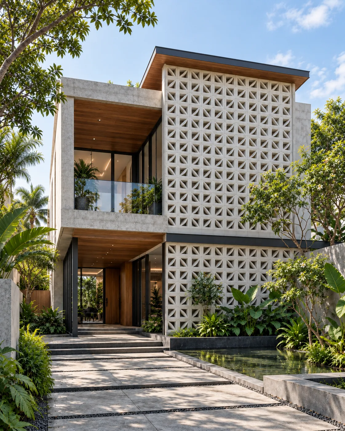 Biệt thự hiện đại ứng dụng gạch thông gió hoa văn cánh hoa — ảnh concept minh hoạ vật liệu kiến trúc